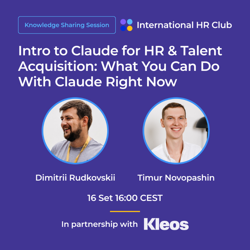 Session banner: Intro to Claude for HR & Talent Acquisition, with Dimitrii Rudkovskii and Timur Novopashin